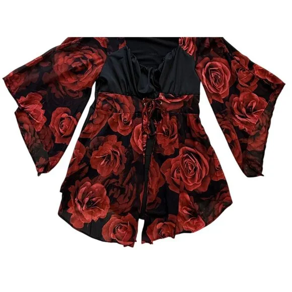 Rose Print Womens Top Red Black Tie Bodice Dramatic Sleeve Fairy Goth Grunge 1X - Picture 3 of 6